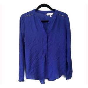 Jennifer Lopez Blue Button Blouse Studded Shoulders Long Sleeve - XL